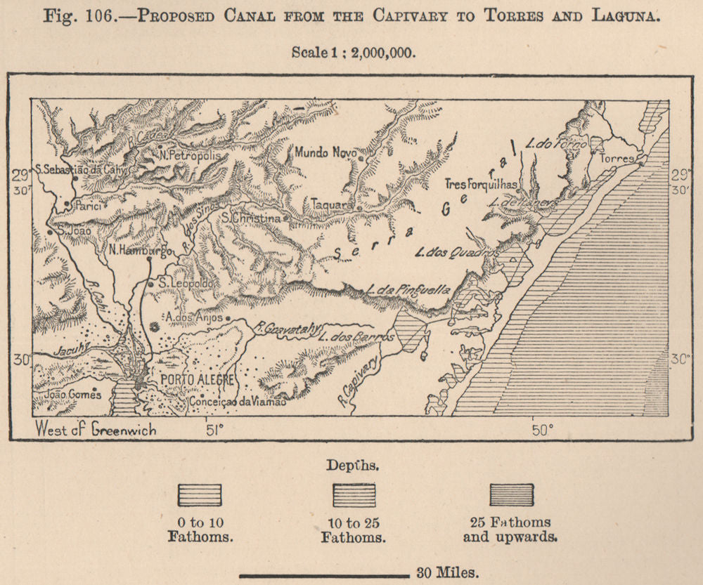 Proposed Capivari river to Torres & Laguna canal.Porto Alegre.Brazil 1885 map
